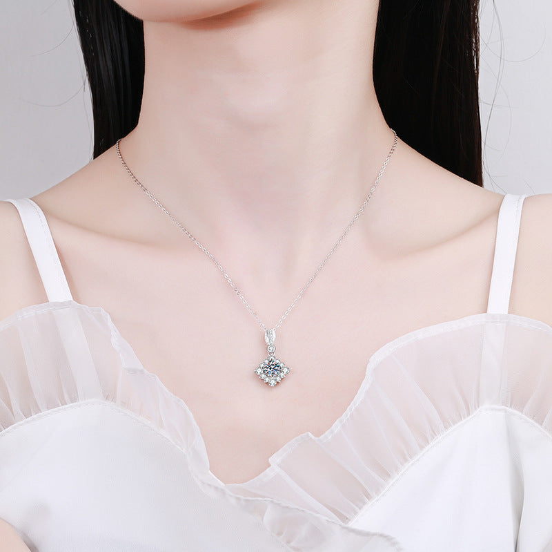 S925 Sterling Silver Pendant Women's Pt950 Plated Diamond Necklace