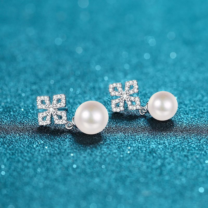 925 Sterling Silver Moissanite Freshwater Pearl Stud Earrings