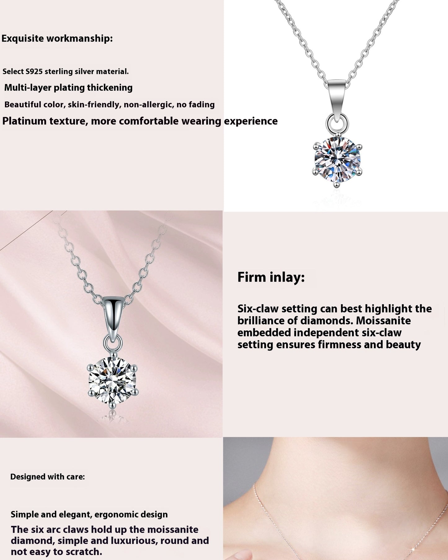 All-match High-grade Moissanite Six-claw Pendant Clavicle Chain 925 Silver Necklace Female